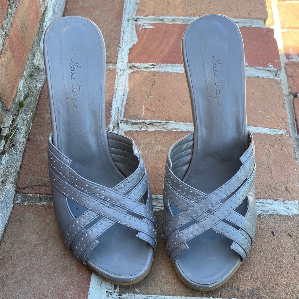 Gray Heeled Sandals with Crisscross Straps